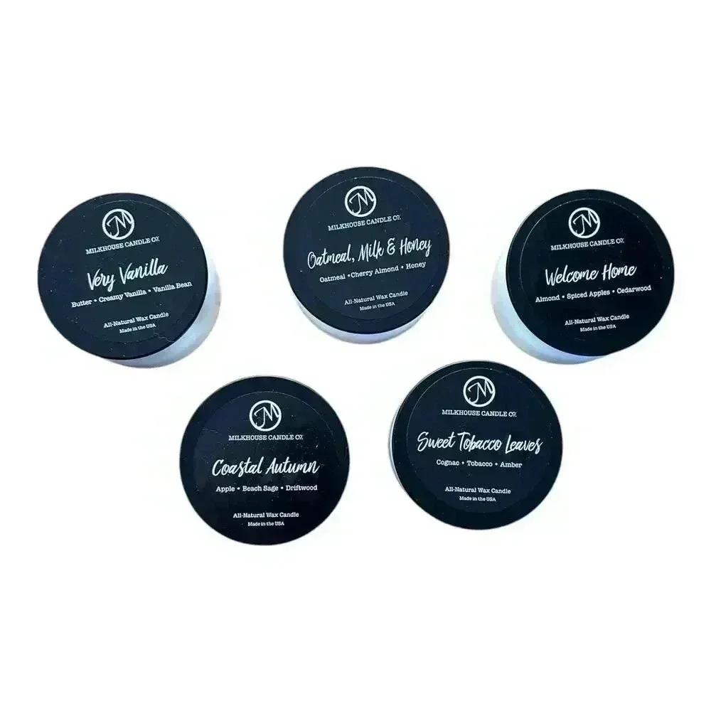 5 Milkhouse Candle Company 1.5 ounce scented tins 5 different scents.